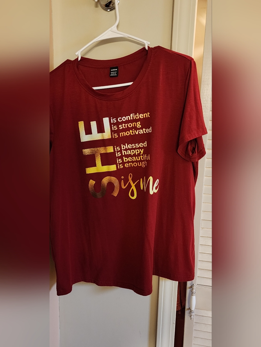 Red Graphic Tee with Gold Foil 'She is Me'